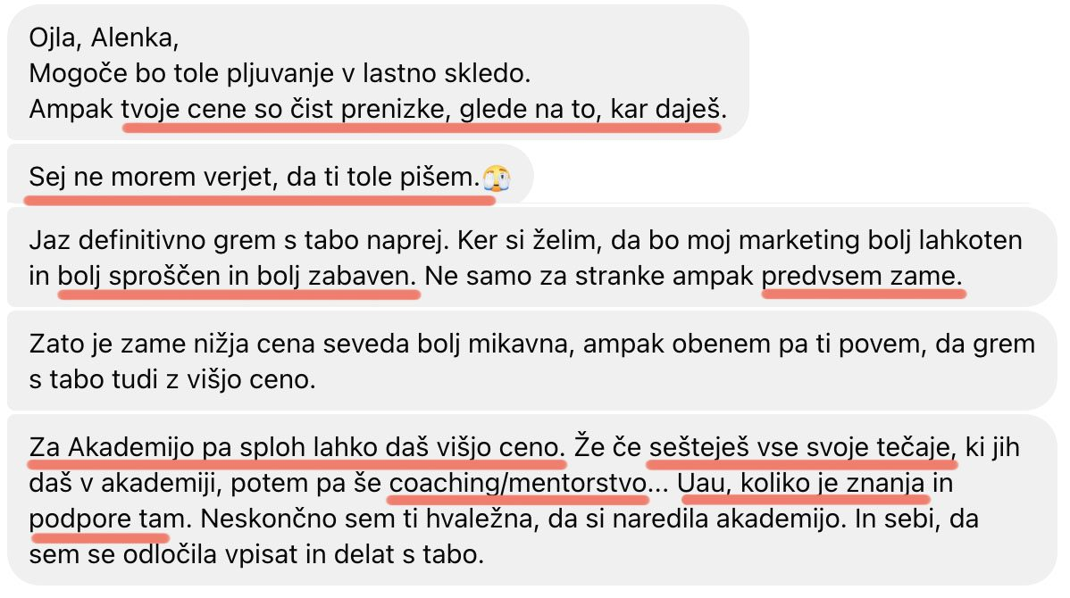Tvoje cene so čist prenizke, glede na to, kar daješ. Za Akademijo pa sploh lahko daš višjo ceno. Uau, koliko je znanja in podpore tam.